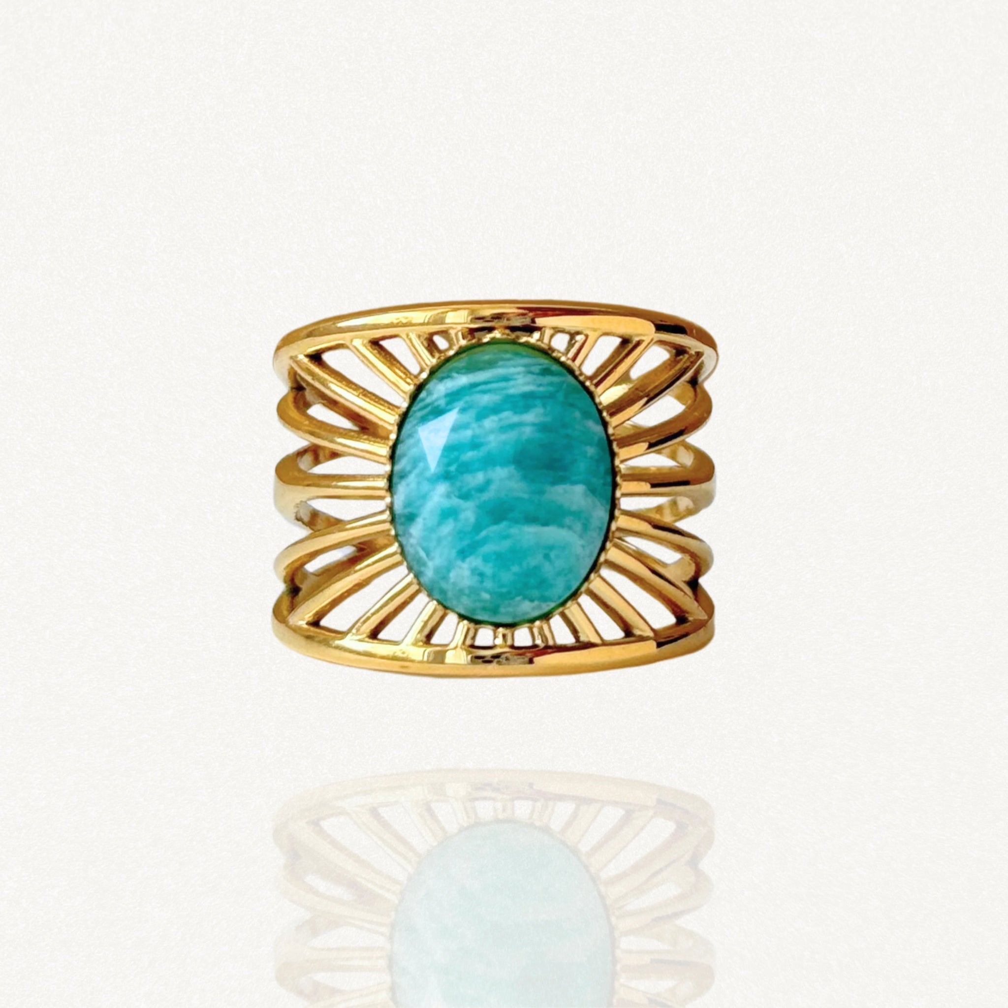 Bague large en acier inoxydable doré ornée d'une pierre naturelle Amazonite ovale et motifs rayons de soleil ajourés sur fond blanc.