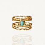 Bague large effet multi-rangs en acier inoxydable doré ornée d'une pierre ovale turquoise au centre sur fond blanc.