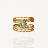 Bague large effet multi-rangs en acier inoxydable doré ornée d'une pierre ovale turquoise au centre sur fond blanc.