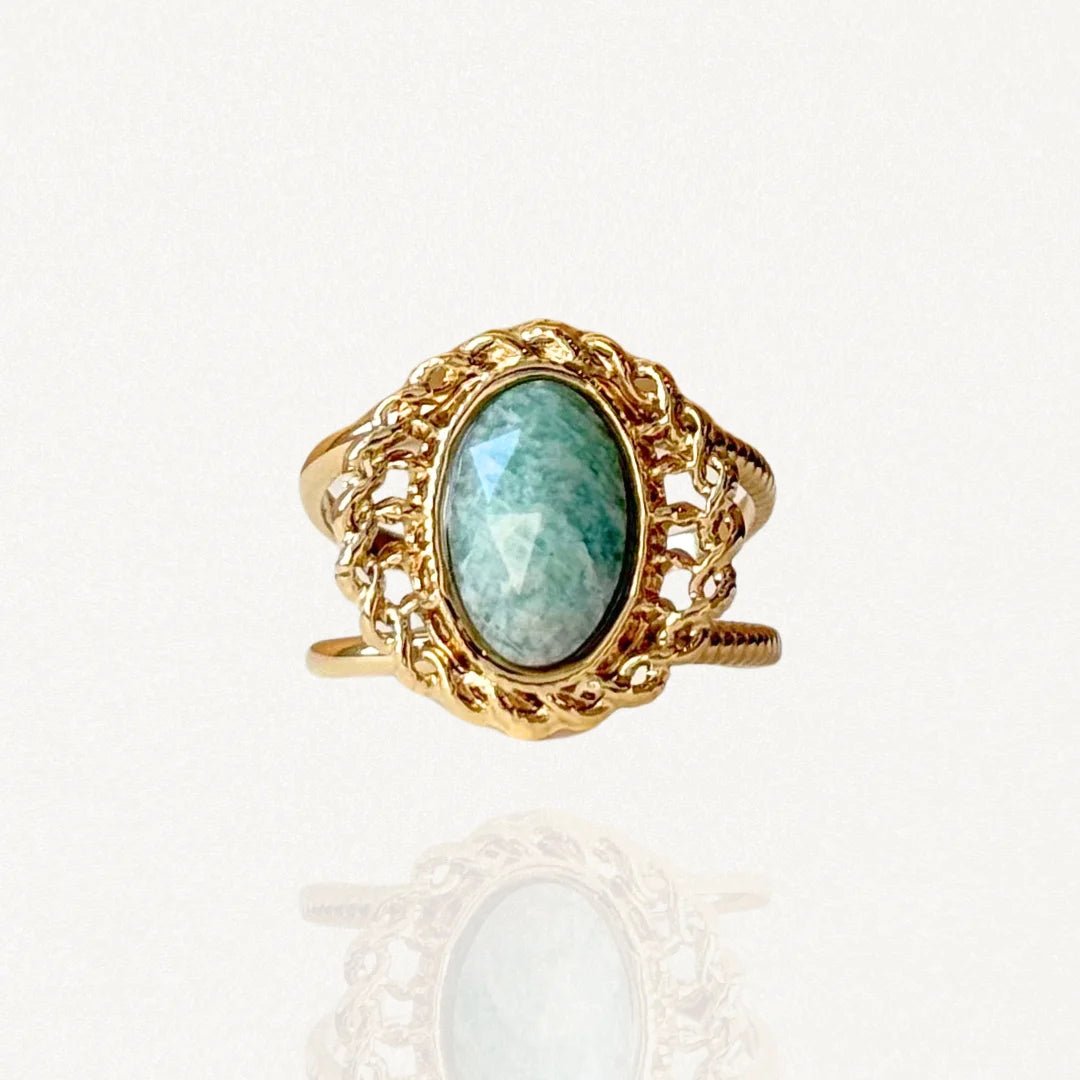 Bague large en acier inoxydable doré avec pierre ovale turquoise et contour travaillé façon tressé sur fond blanc."