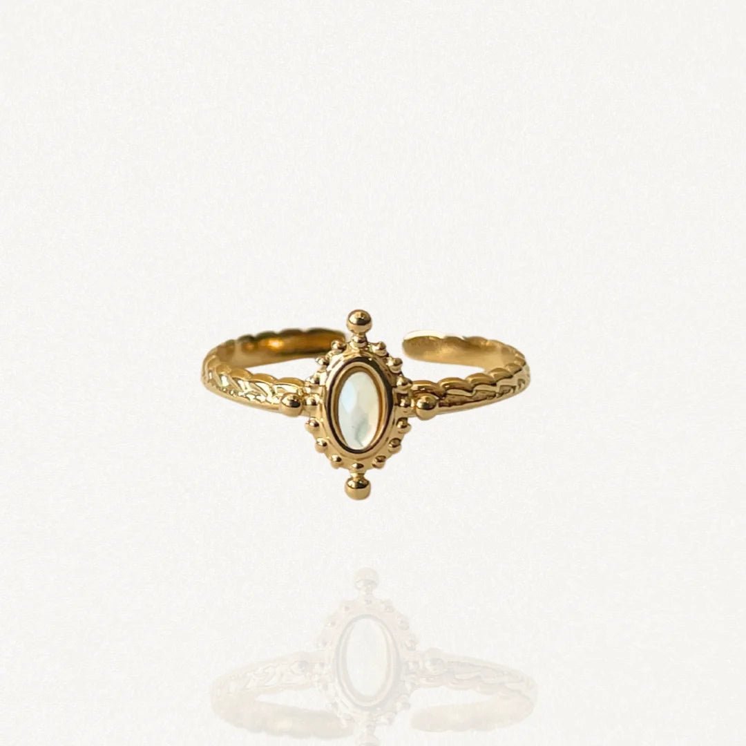 Bague fine ajustable en acier inoxydable doré avec petite pierre ovale blanche et contour perlé style vintage sur fond blanc."