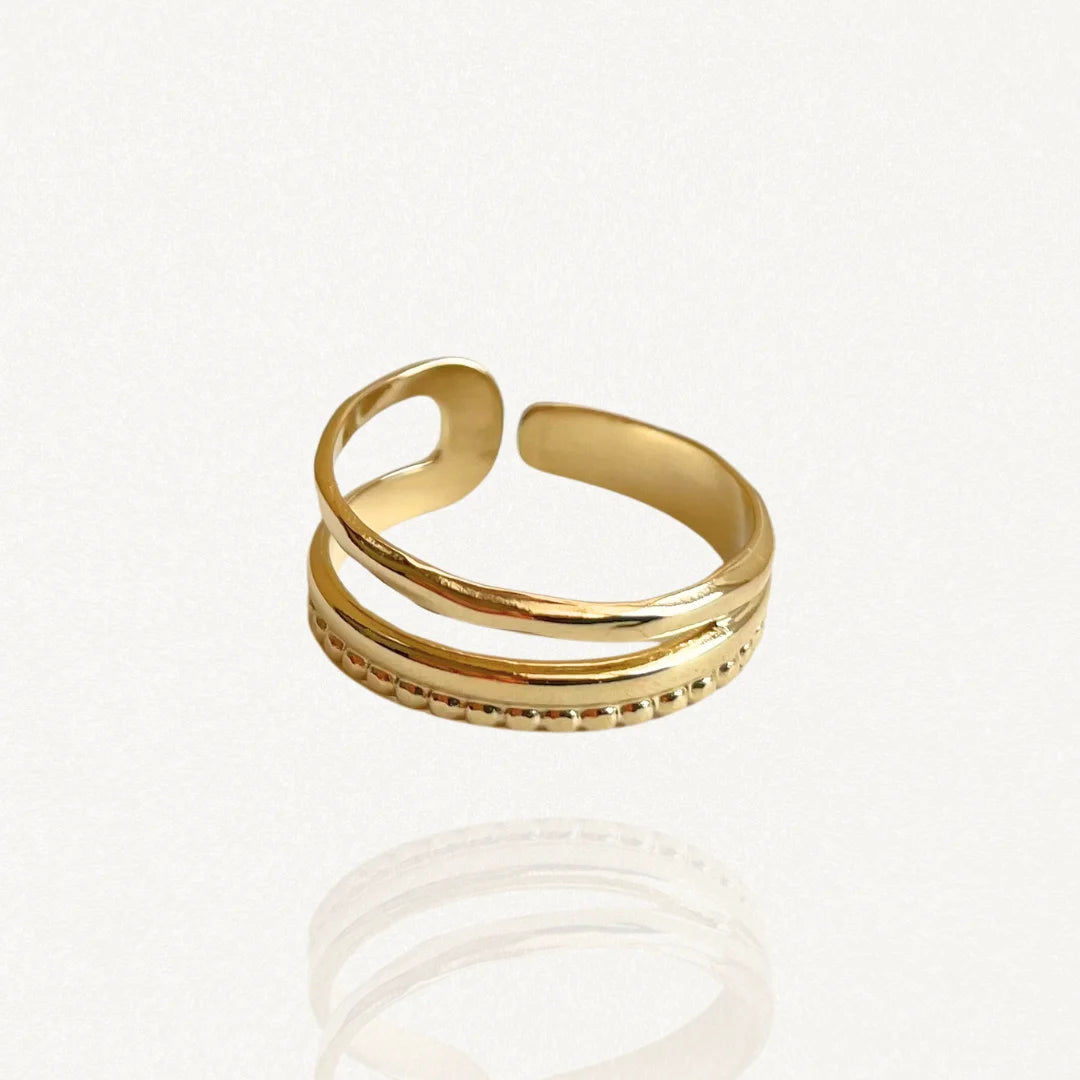 Bague ouverte effet double rang en acier inoxydable doré : un anneau lisse et un anneau texturé perlé sur fond blanc.