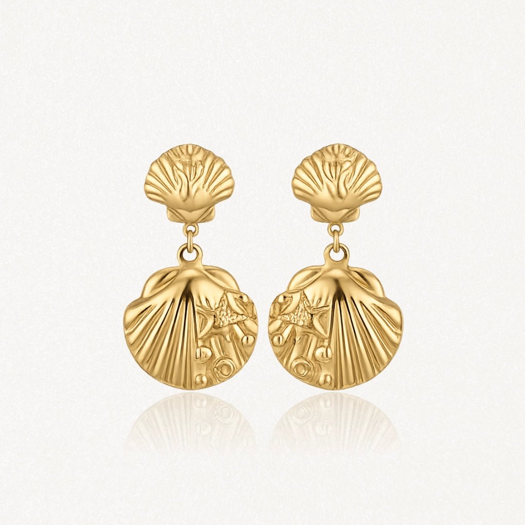 Boucles d'oreilles pendantes dorées en acier inoxydable, double coquillage, étoile de mer et bulles, style marin.