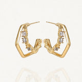 Paire de créoles géométriques (forme hexagonale) en acier inoxydable doré ornées de petits cristaux et détails texturés sur fond blanc.