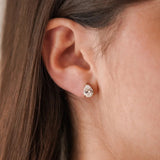 Gros plan boucle d'oreille puce Hortense avec pierre goutte portée seule au lobe, style intemporel et discret.