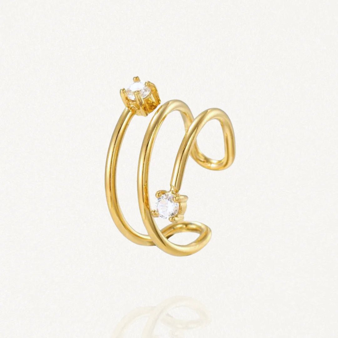 Bague d'oreille (ear cuff) triple rangs en acier inoxydable doré avec petits strass, faux piercing sans trou.