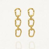 Paire de boucles d'oreilles pendantes dorées, composées de trois maillons ovales allongés à la surface irrégulière et texturée, sur fond blanc avec un léger reflet.