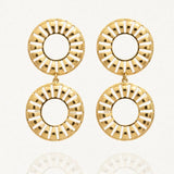 Paire de boucles d'oreilles pendantes dorées en acier inoxydable, composées de deux cercles ajourés à motifs géométriques.