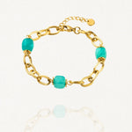 Bracelet grosse maille acier doré avec perles Turquoises sur fond blanc.