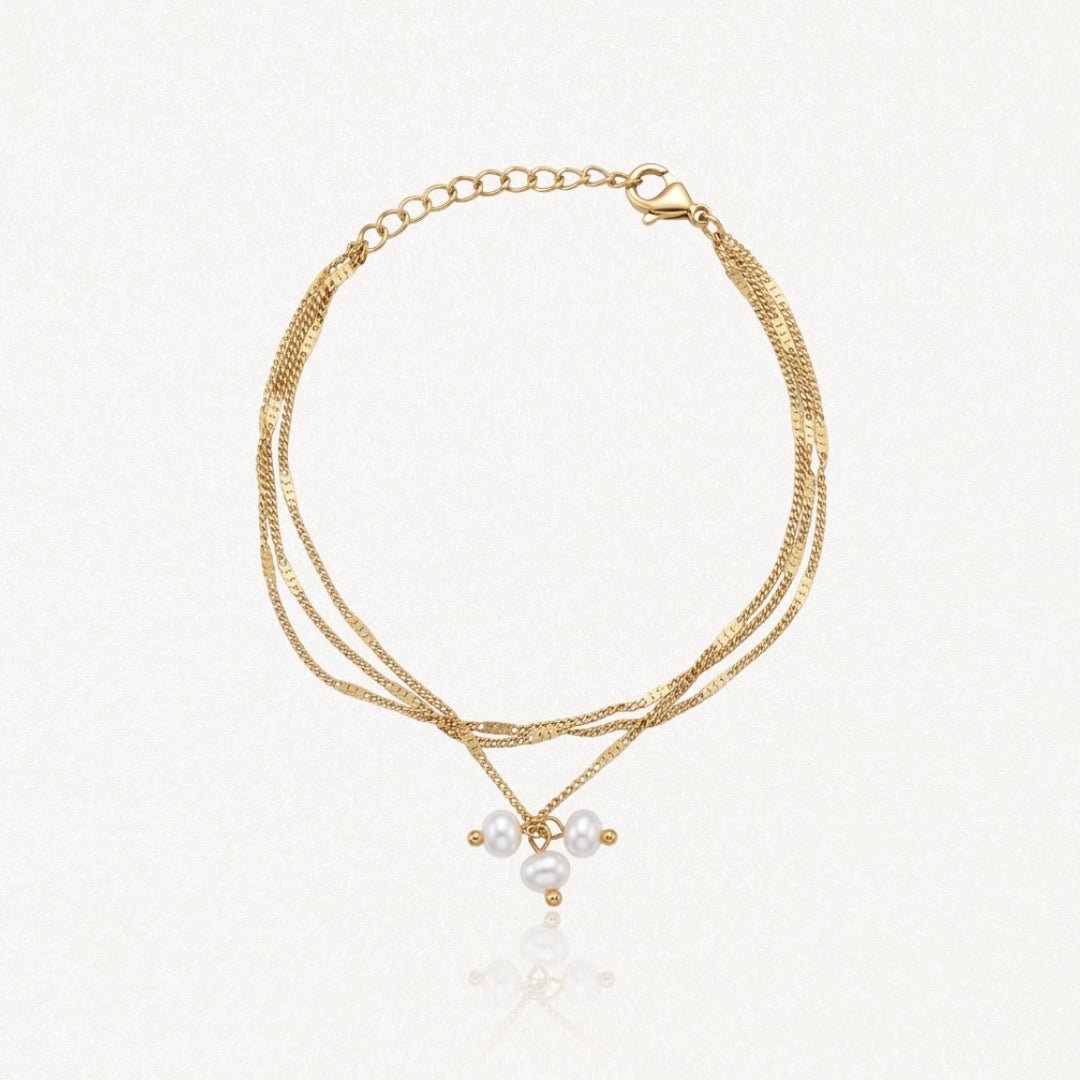 Bracelet multicouche en acier inoxydable doré, 3 chaînes délicates avec pendentif 3 perles d'eau douce.