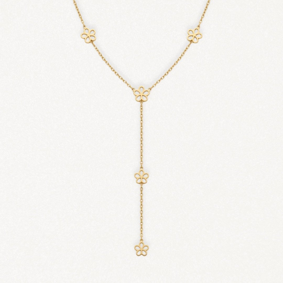 Collier acier inoxydable doré, motif 6 fleurs ajourées sur chaîne fine, style pendentif Y.