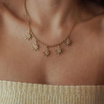 Collier ras-de-cou en acier inoxydable doré orné de 5 breloques soleils ou étoiles scintillantes porté au cou.