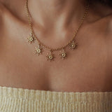 Collier ras-de-cou en acier inoxydable doré orné de 5 breloques soleils ou étoiles scintillantes porté au cou.