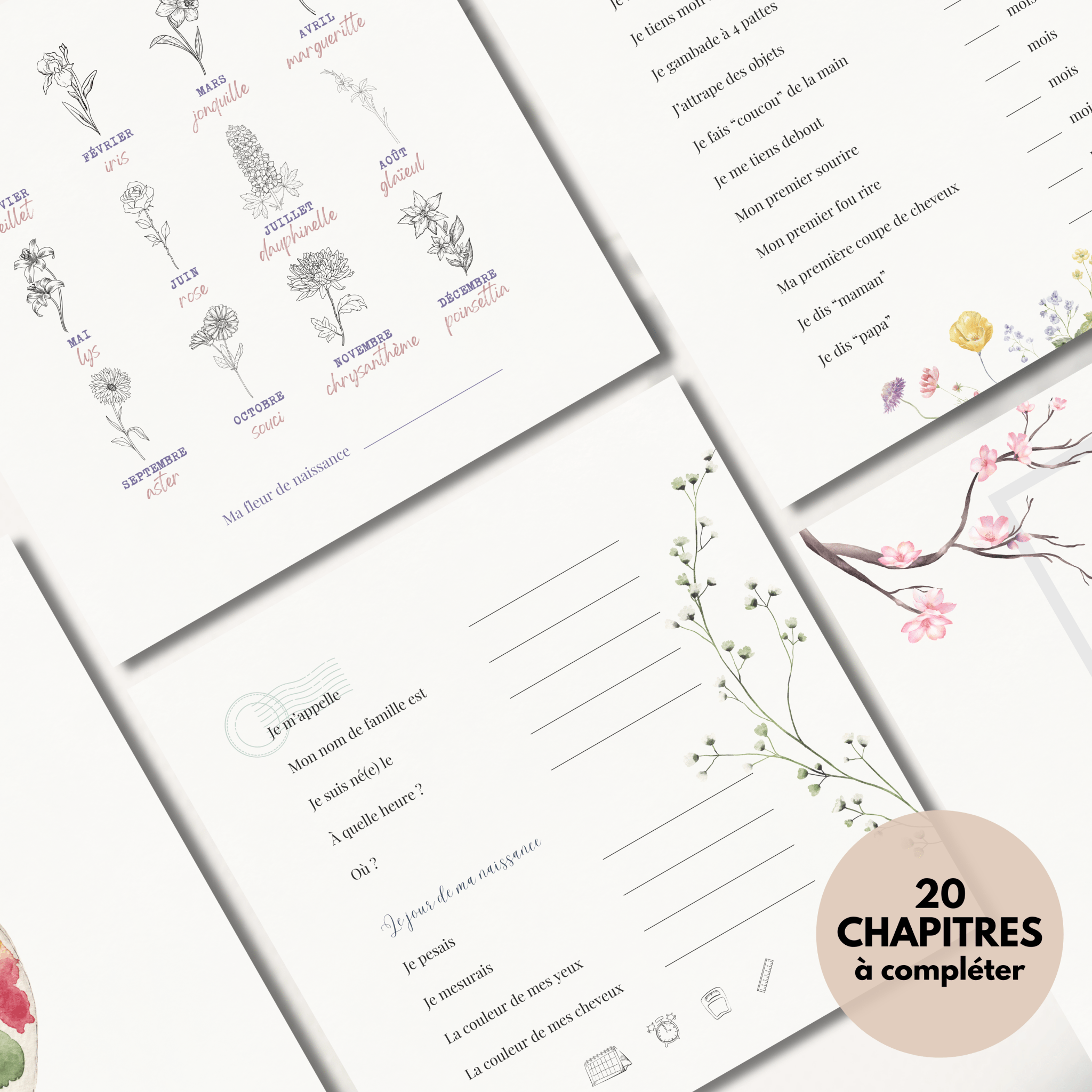 Aperçu des 20 chapitres illustrés de l'album de naissance pour raconter l'histoire de bébé.